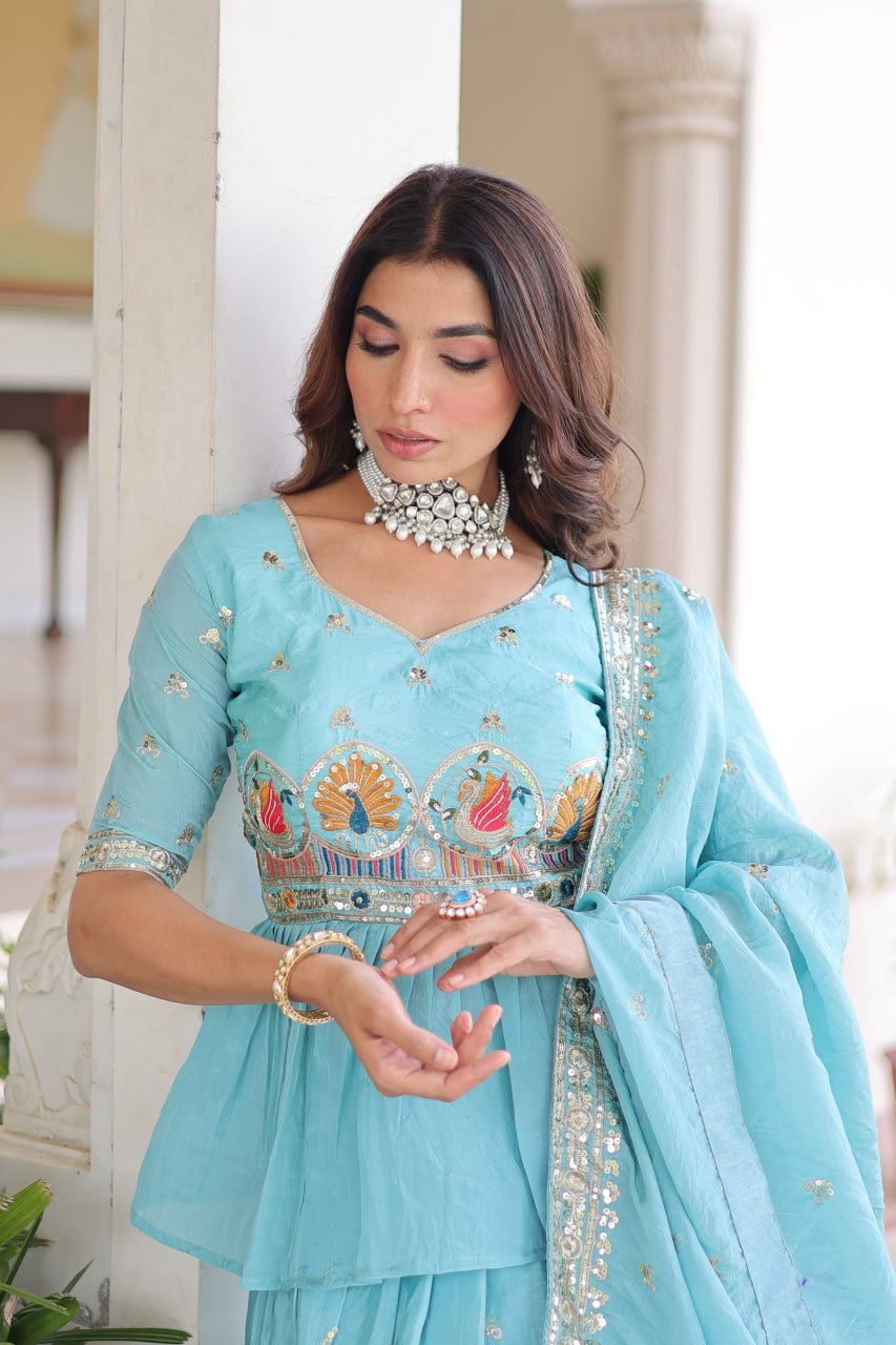 Sky Blue Golden Luxe Fully-Stitched Embroidered Lehenga Set with Heavy Sequin Dupatta