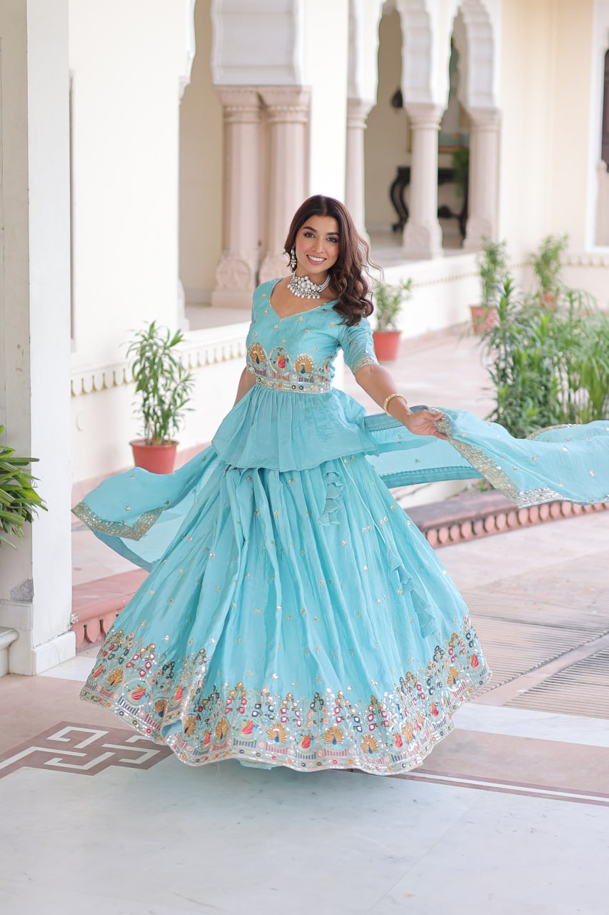 Sky Blue Golden Luxe Fully-Stitched Embroidered Lehenga Set with Heavy Sequin Dupatta
