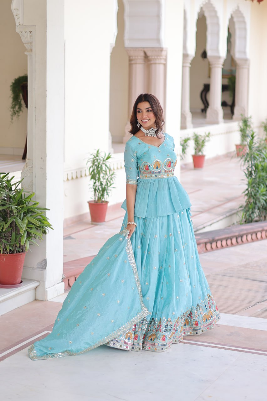 Sky Blue Golden Luxe Fully-Stitched Embroidered Lehenga Set with Heavy Sequin Dupatta