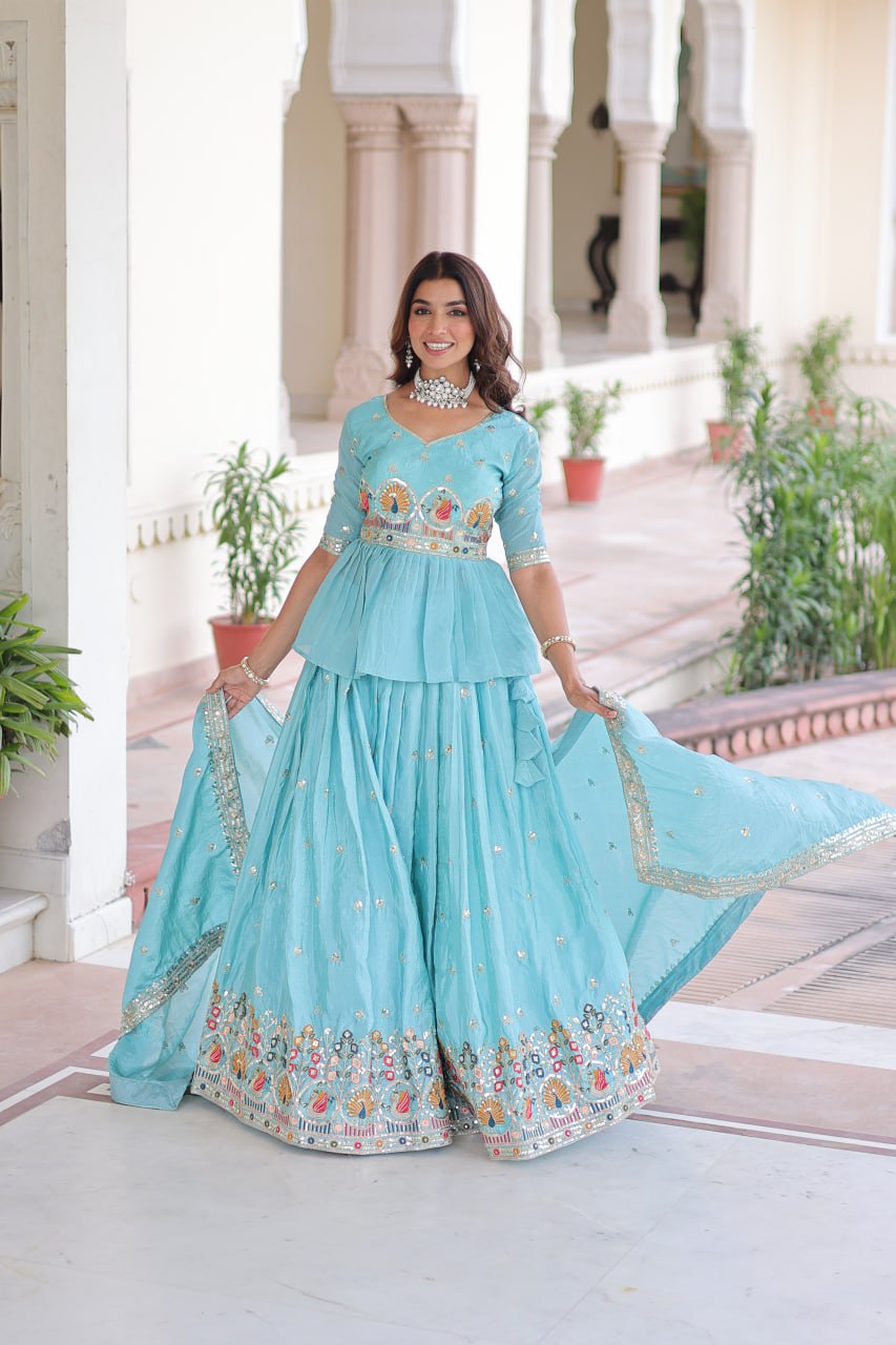 Sky Blue Golden Luxe Fully-Stitched Embroidered Lehenga Set with Heavy Sequin Dupatta