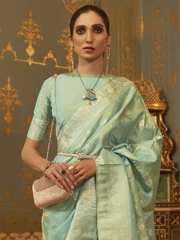 Sky Blue Graceful Banarasi Silk Blend Saree with Unstitched Blouse Piece