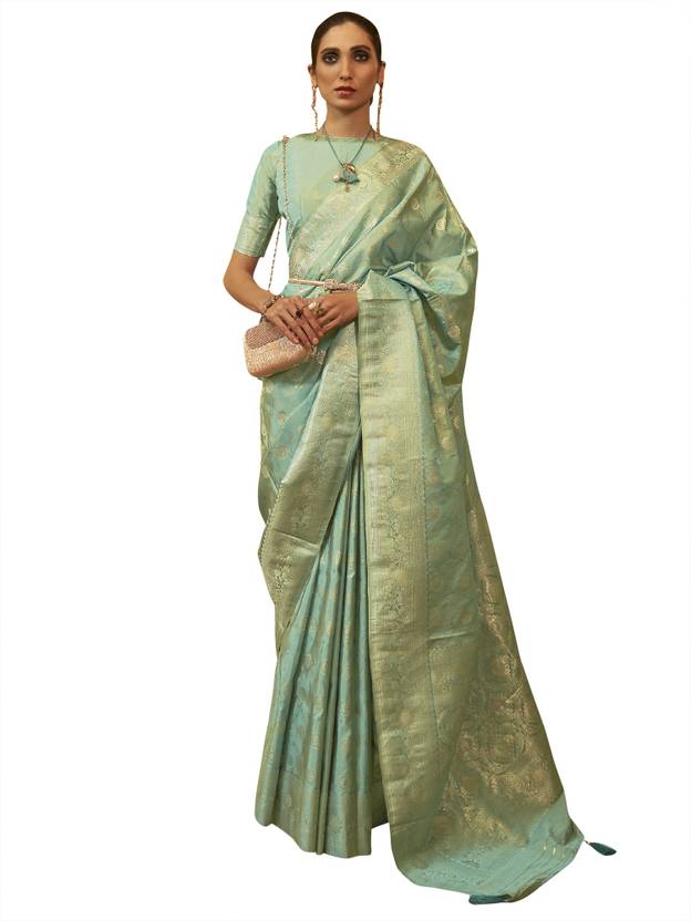 Sky Blue Graceful Banarasi Silk Blend Saree with Unstitched Blouse Piece