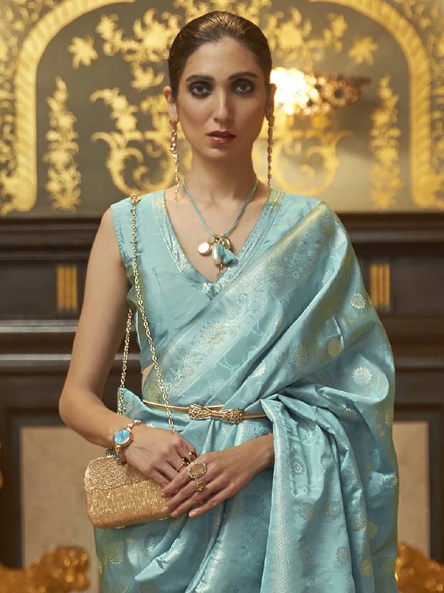 Sky Blue Graceful Banarasi Silk Blend Saree with Unstitched Blouse Piece