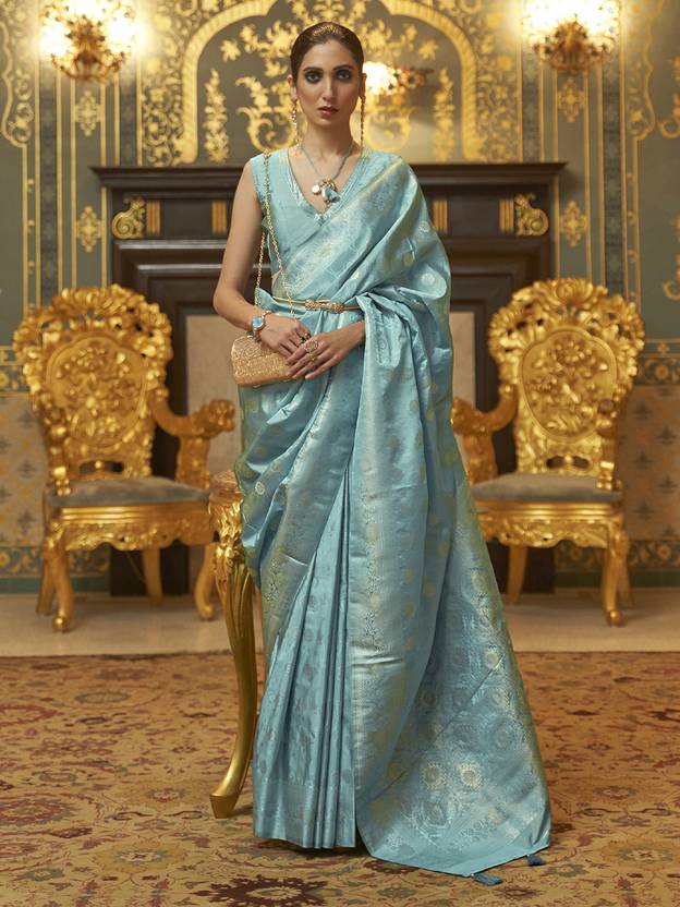 Sky Blue Graceful Banarasi Silk Blend Saree with Unstitched Blouse Piece
