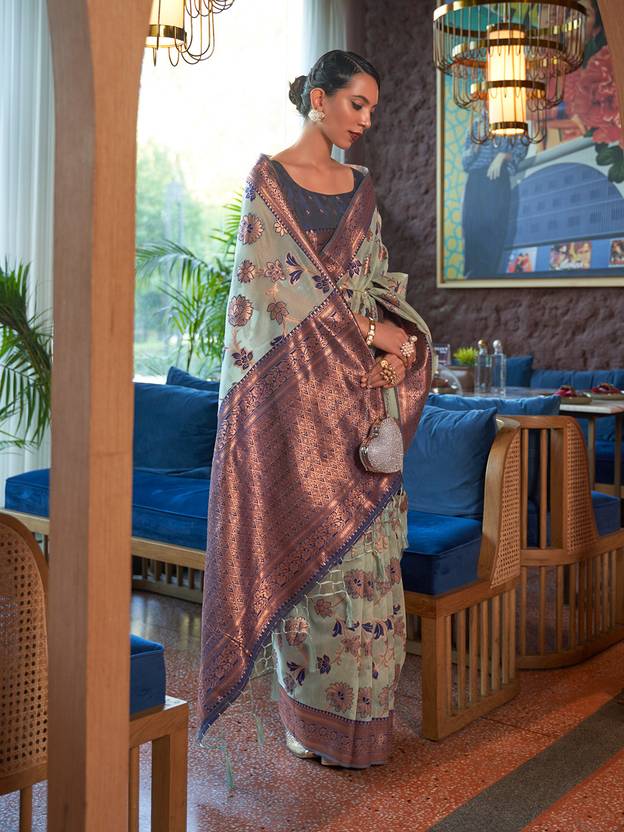 Sky Blue Graceful Bollywood Style Organza Saree with Unstitched Blouse Piece