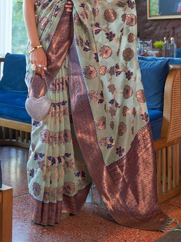 Sky Blue Graceful Bollywood Style Organza Saree with Unstitched Blouse Piece