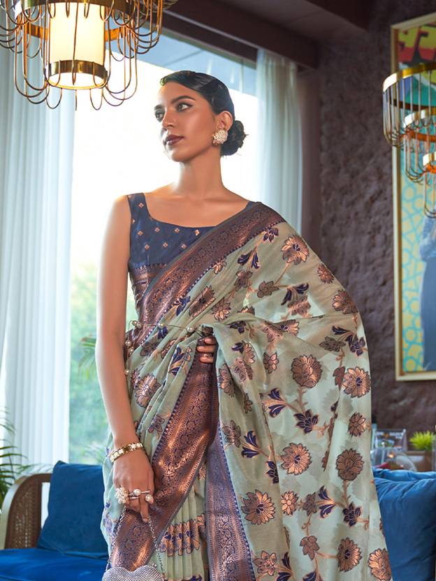 Sky Blue Graceful Bollywood Style Organza Saree with Unstitched Blouse Piece