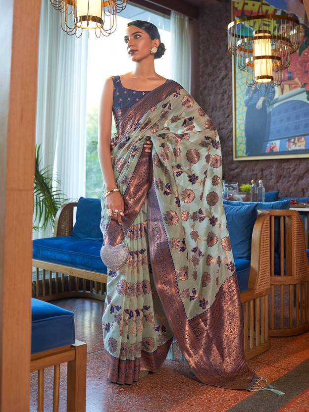 Sky Blue Graceful Bollywood Style Organza Saree with Unstitched Blouse Piece