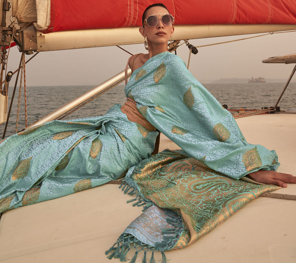 Sky Blue Graceful Silk Blend Kanjivaram Saree with Tassel Detailing