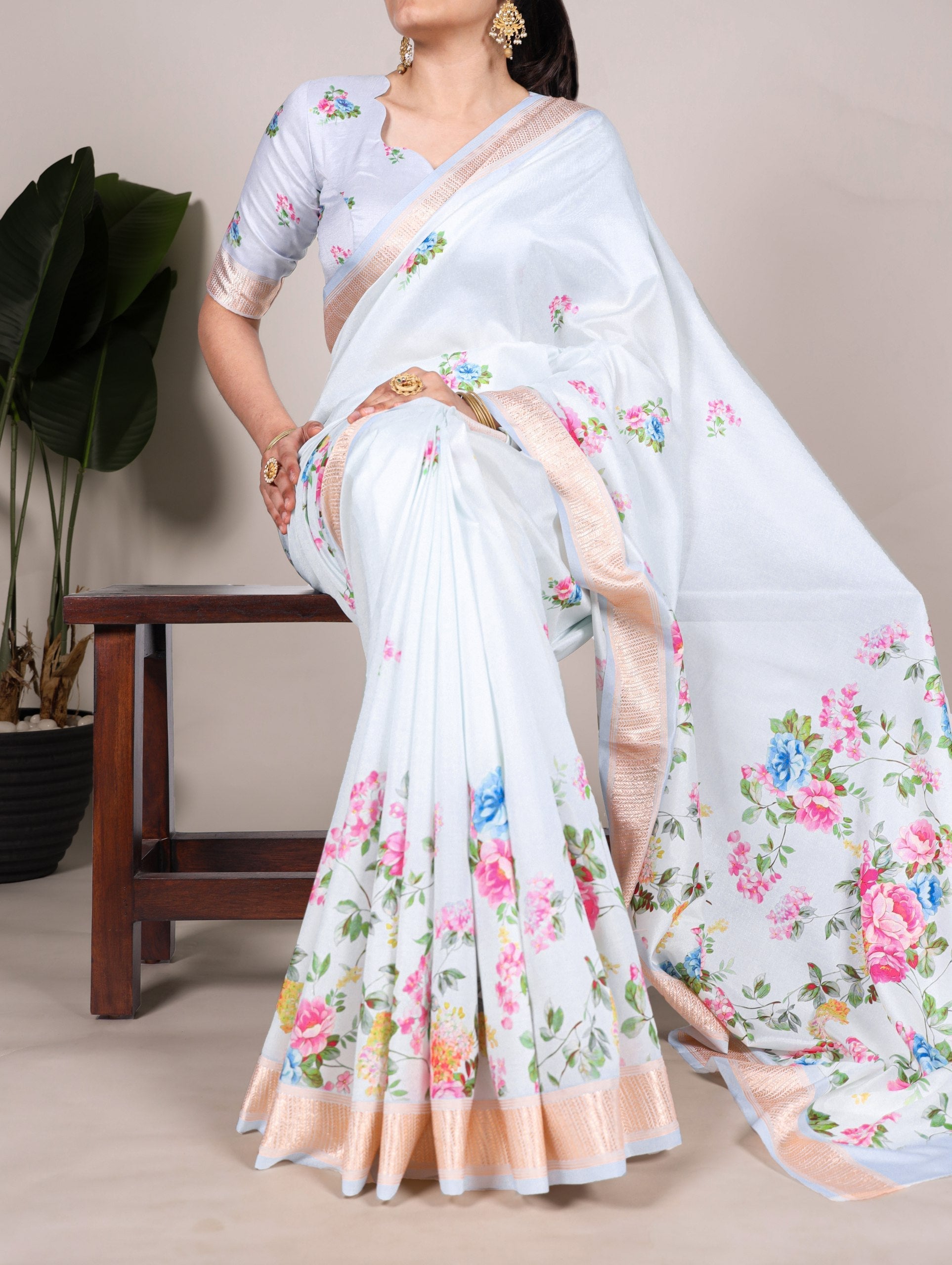 Sky Blue Graceful Tussar Silk Printed Saree with Viscose Border