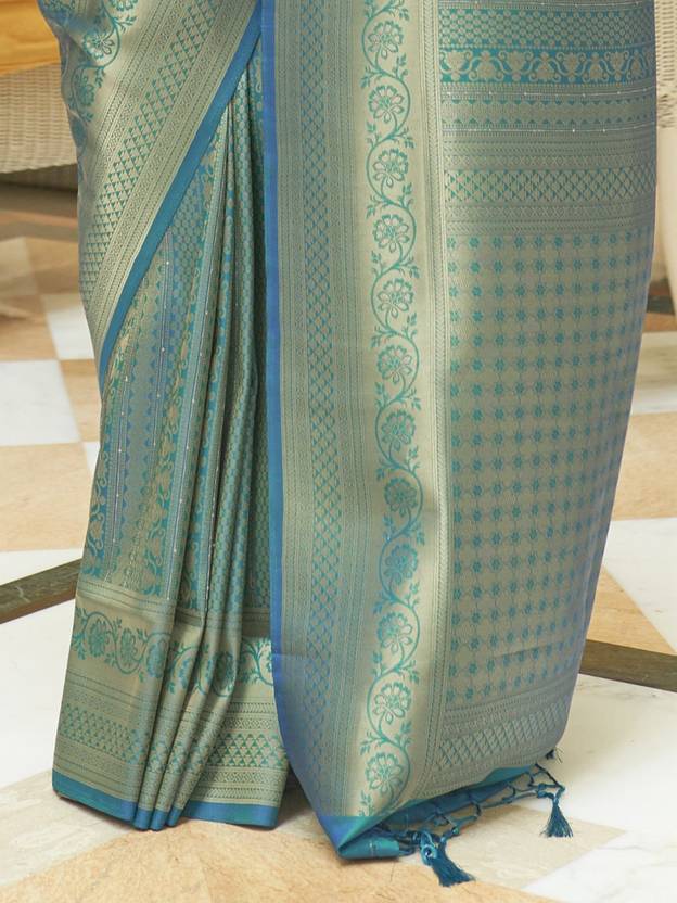 Sky Blue Kanjivaram Silk Saree with Sequins Zari