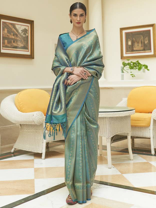 Sky Blue Kanjivaram Silk Saree with Sequins Zari