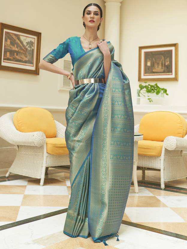 Sky Blue Kanjivaram Silk Saree with Sequins Zari