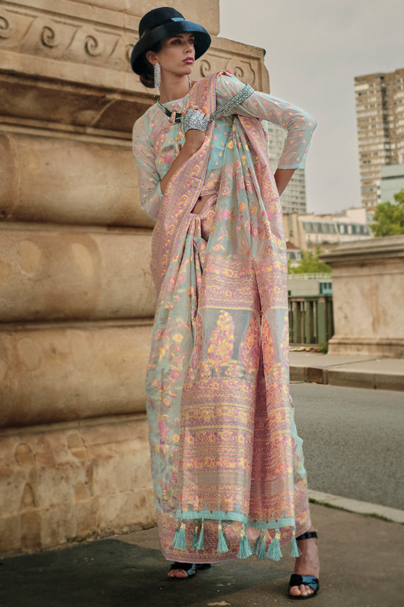Sky Blue Kashmiri Satin Organza Handloom Weaving Saree with Unstitched Blouse