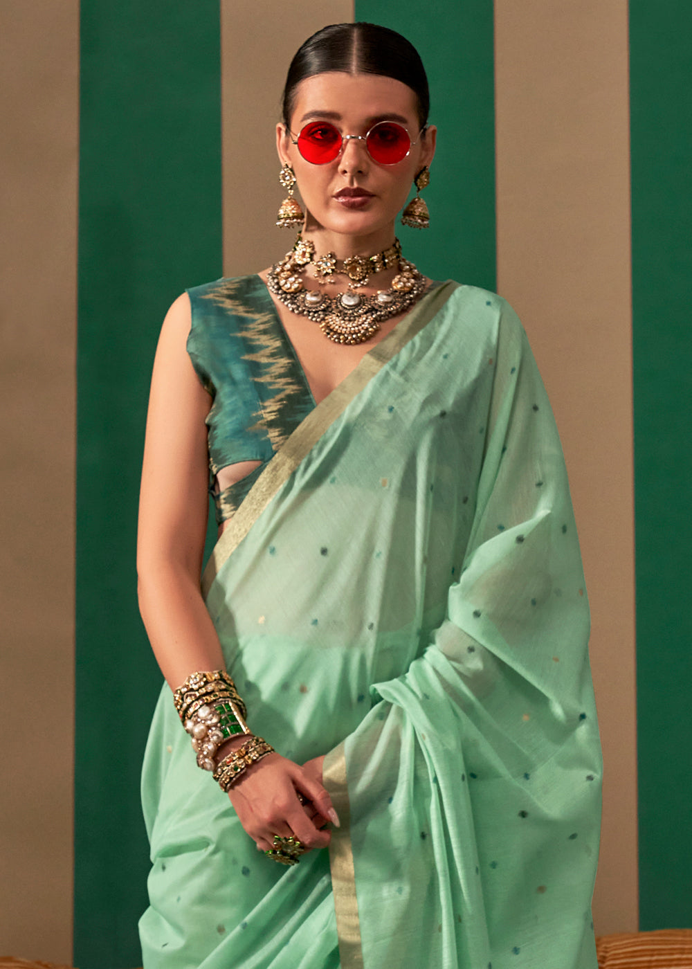 Sky Blue Lustrous Spun Silk Saree with Cotton Blend