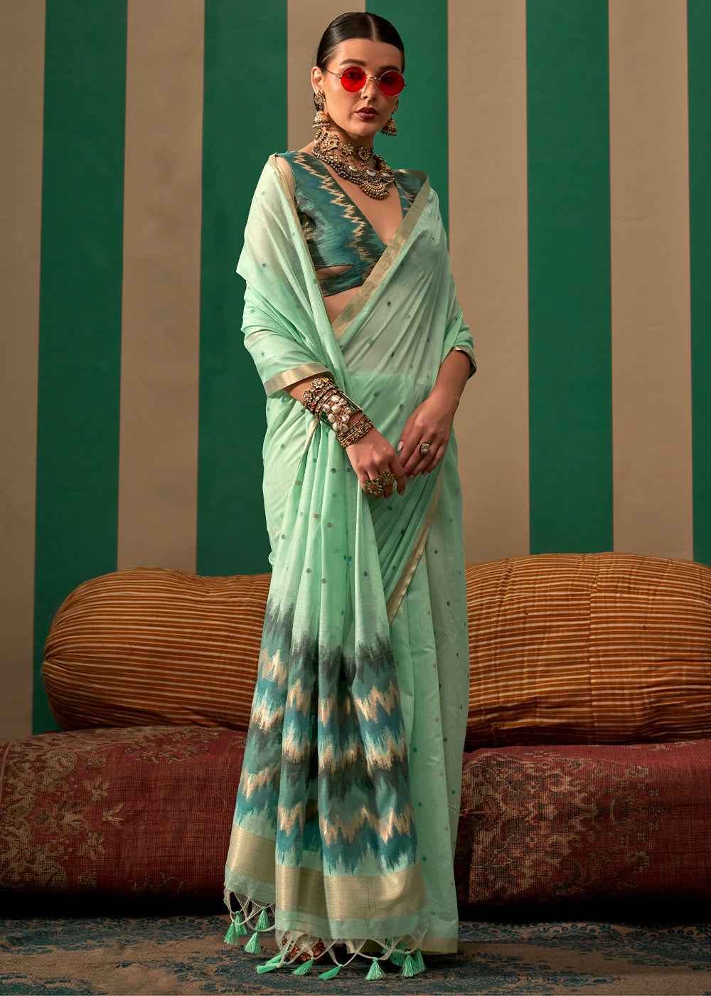 Sky Blue Lustrous Spun Silk Saree with Cotton Blend
