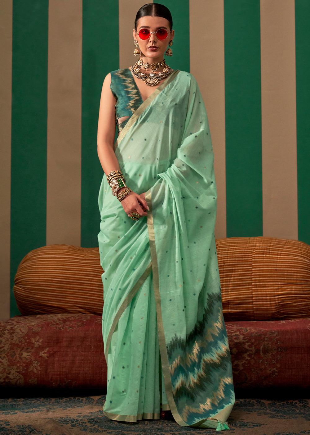 Sky Blue Lustrous Spun Silk Saree with Cotton Blend