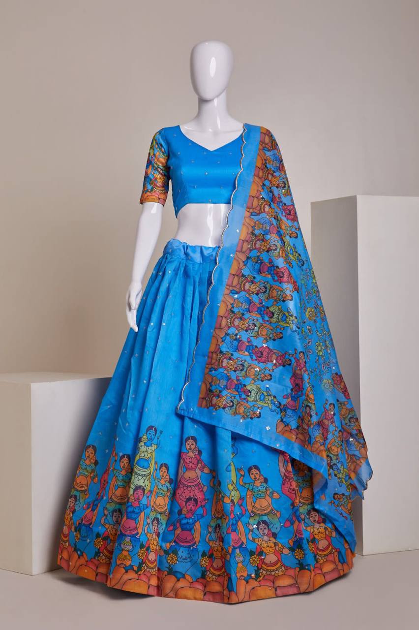 Sky Blue Luxury Heavy Silk Lehenga Set with Embroidery, Sequins & Printed Detailing