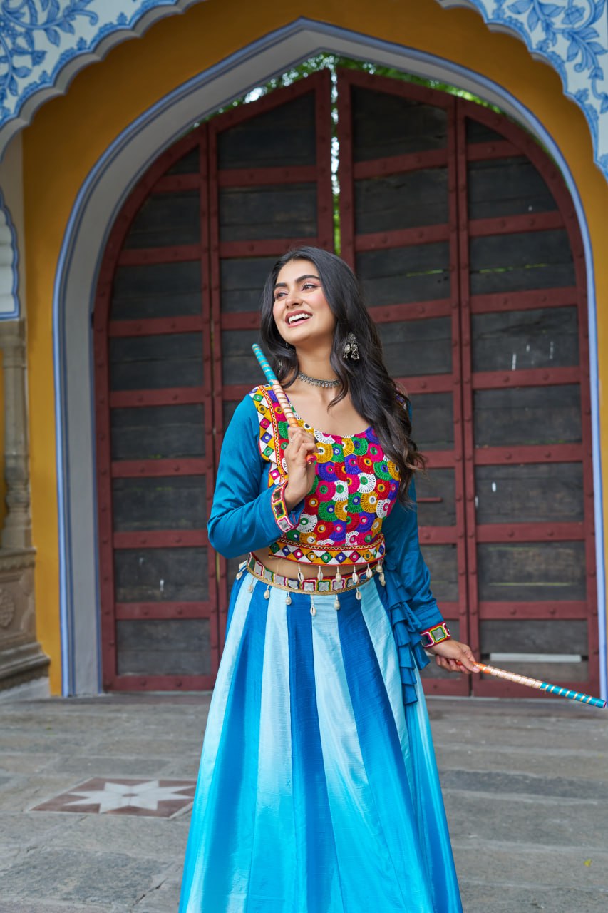 Sky Blue Navratri Special Chinnon Pedding Lehenga Choli with Kutchi Gamthi Embroidery