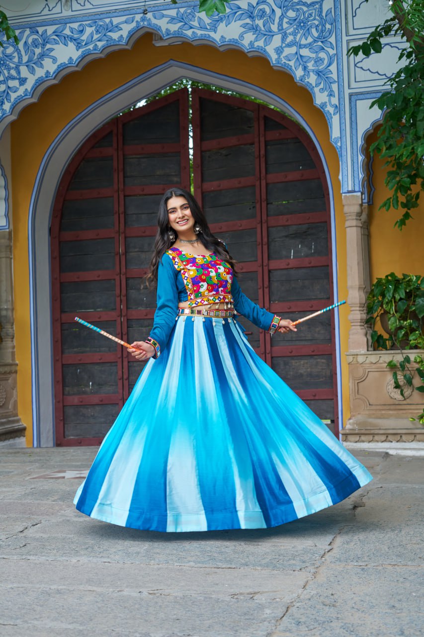 Sky Blue Navratri Special Chinnon Pedding Lehenga Choli with Kutchi Gamthi Embroidery