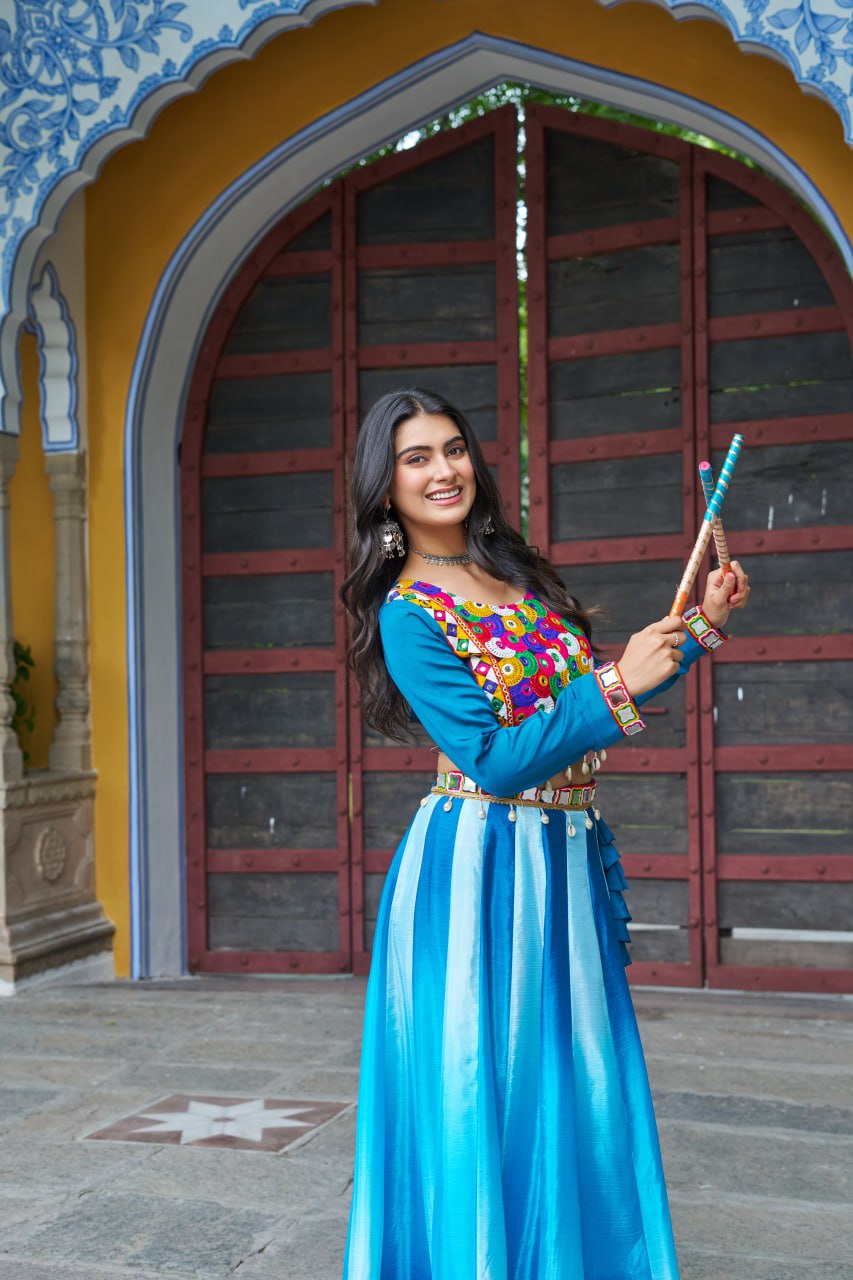 Sky Blue Navratri Special Chinnon Pedding Lehenga Choli with Kutchi Gamthi Embroidery