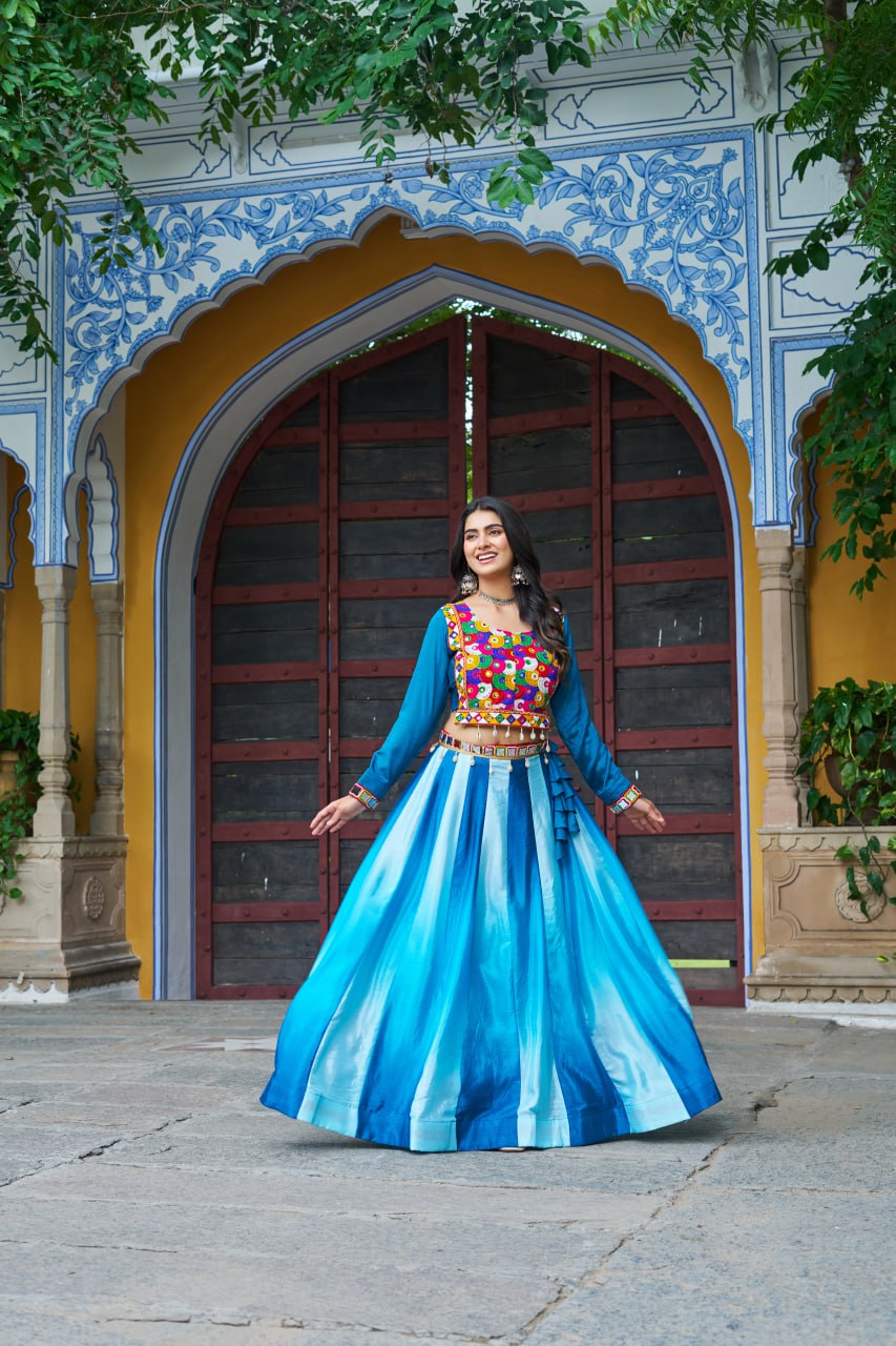Sky Blue Navratri Special Chinnon Pedding Lehenga Choli with Kutchi Gamthi Embroidery