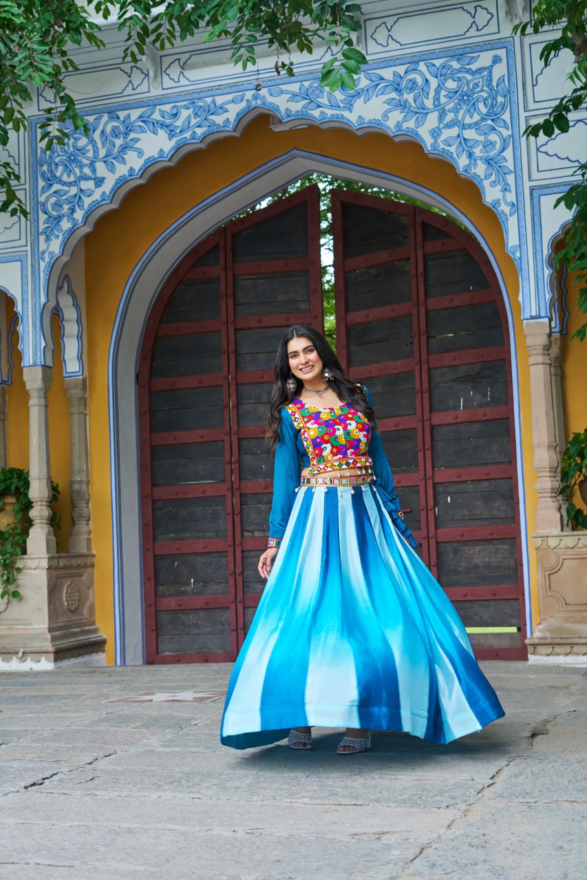 Sky Blue Navratri Special Chinnon Pedding Lehenga Choli with Kutchi Gamthi Embroidery