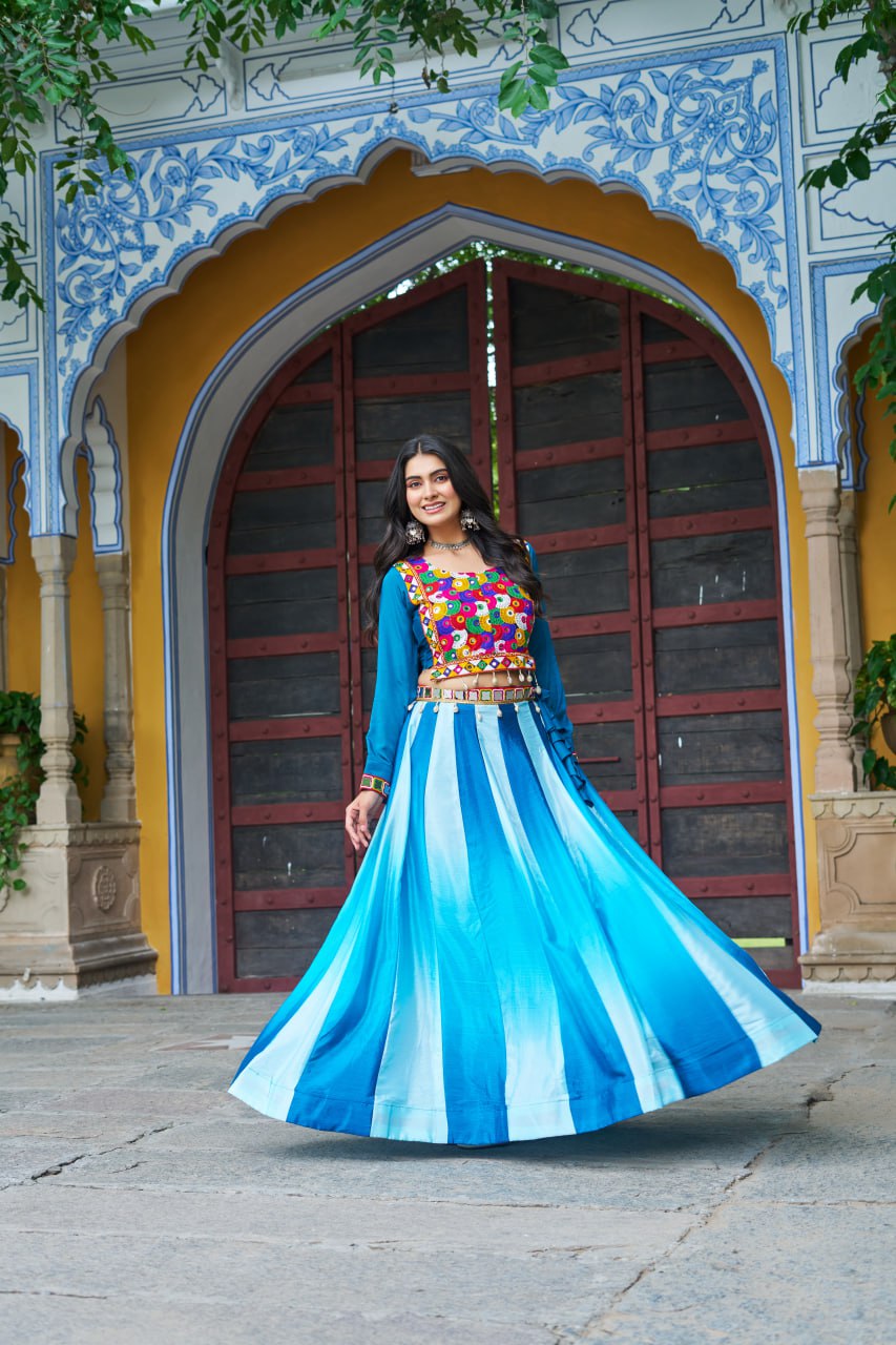 Sky Blue Navratri Special Chinnon Pedding Lehenga Choli with Kutchi Gamthi Embroidery