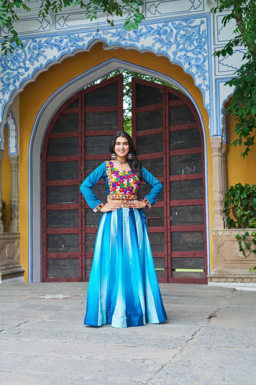 Sky Blue Navratri Special Chinnon Pedding Lehenga Choli with Kutchi Gamthi Embroidery
