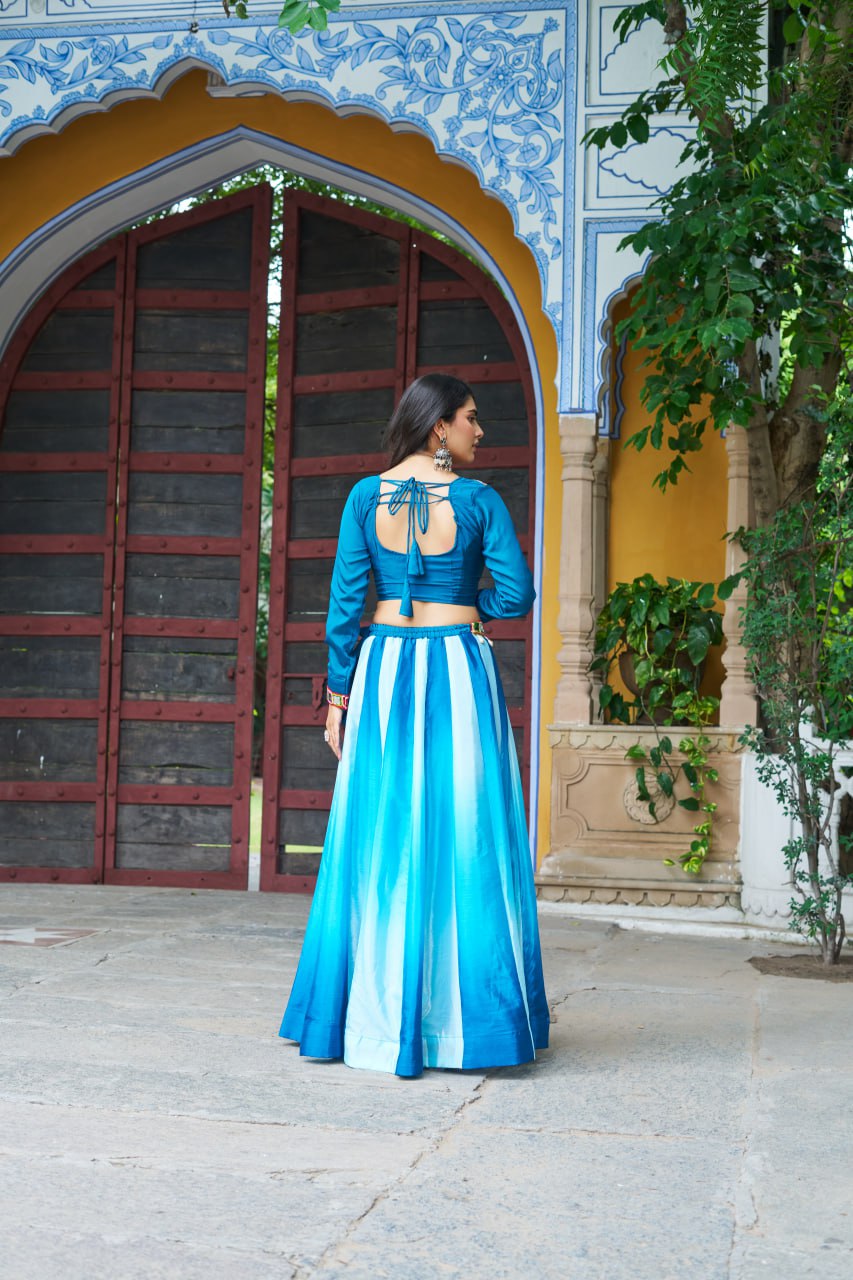 Sky Blue Navratri Special Chinnon Pedding Lehenga Choli with Kutchi Gamthi Embroidery