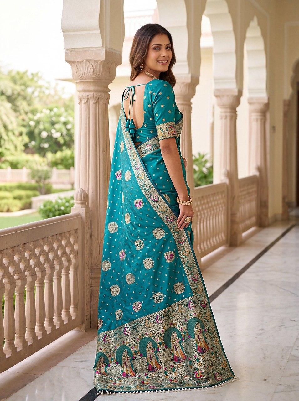 Sky Blue Nylon Satin Zari Weaving Saree