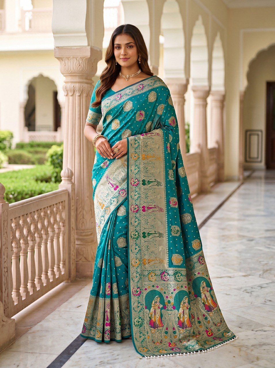 Sky Blue Nylon Satin Zari Weaving Saree