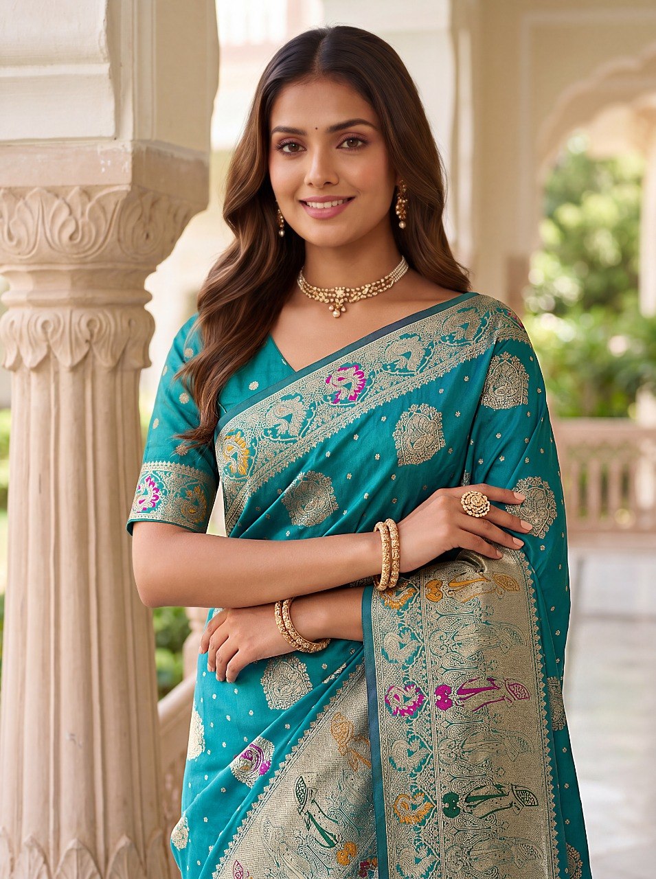 Sky Blue Nylon Satin Zari Weaving Saree