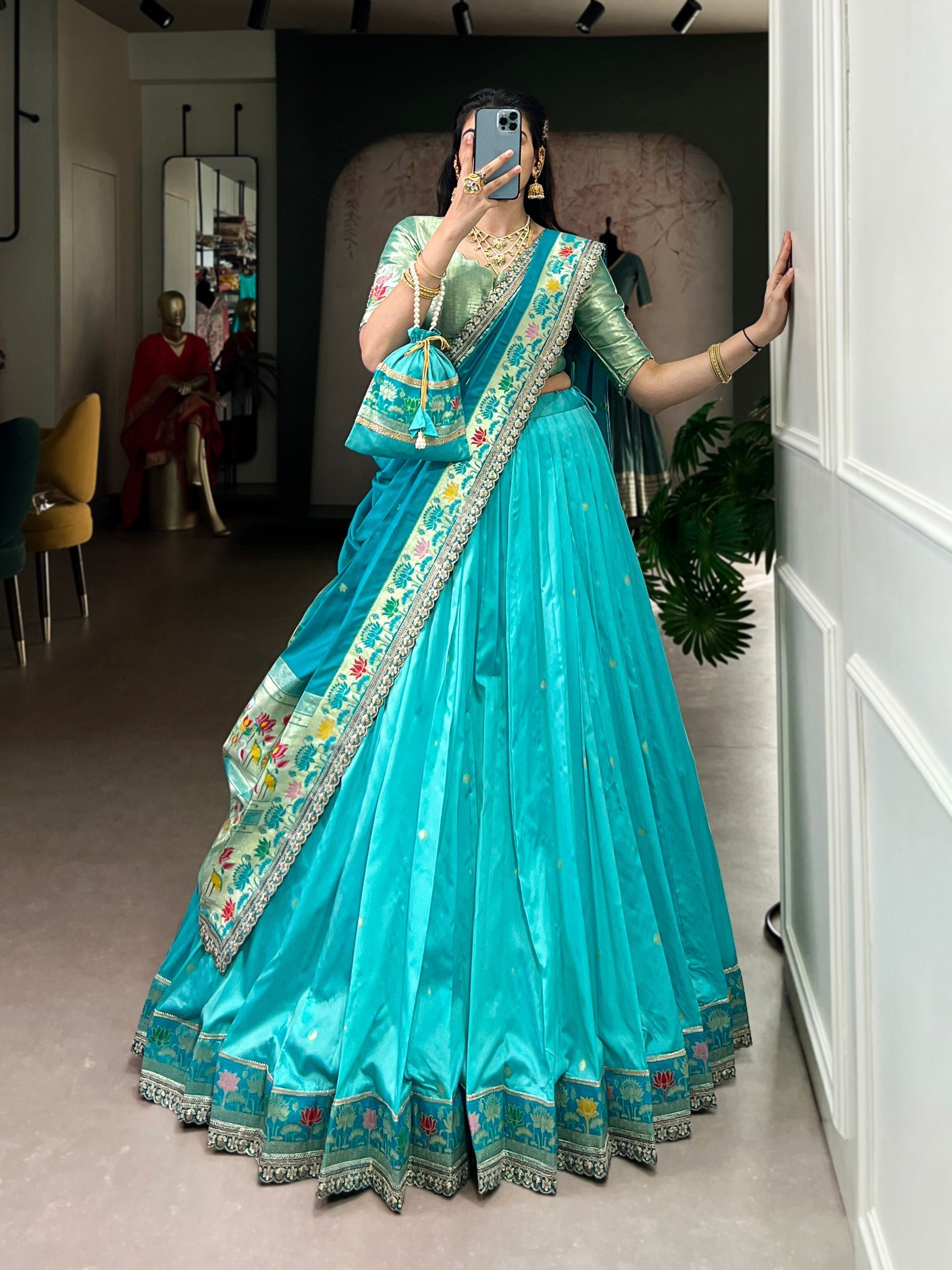 Sky Blue Paithani Lehenga Set with Batwa
