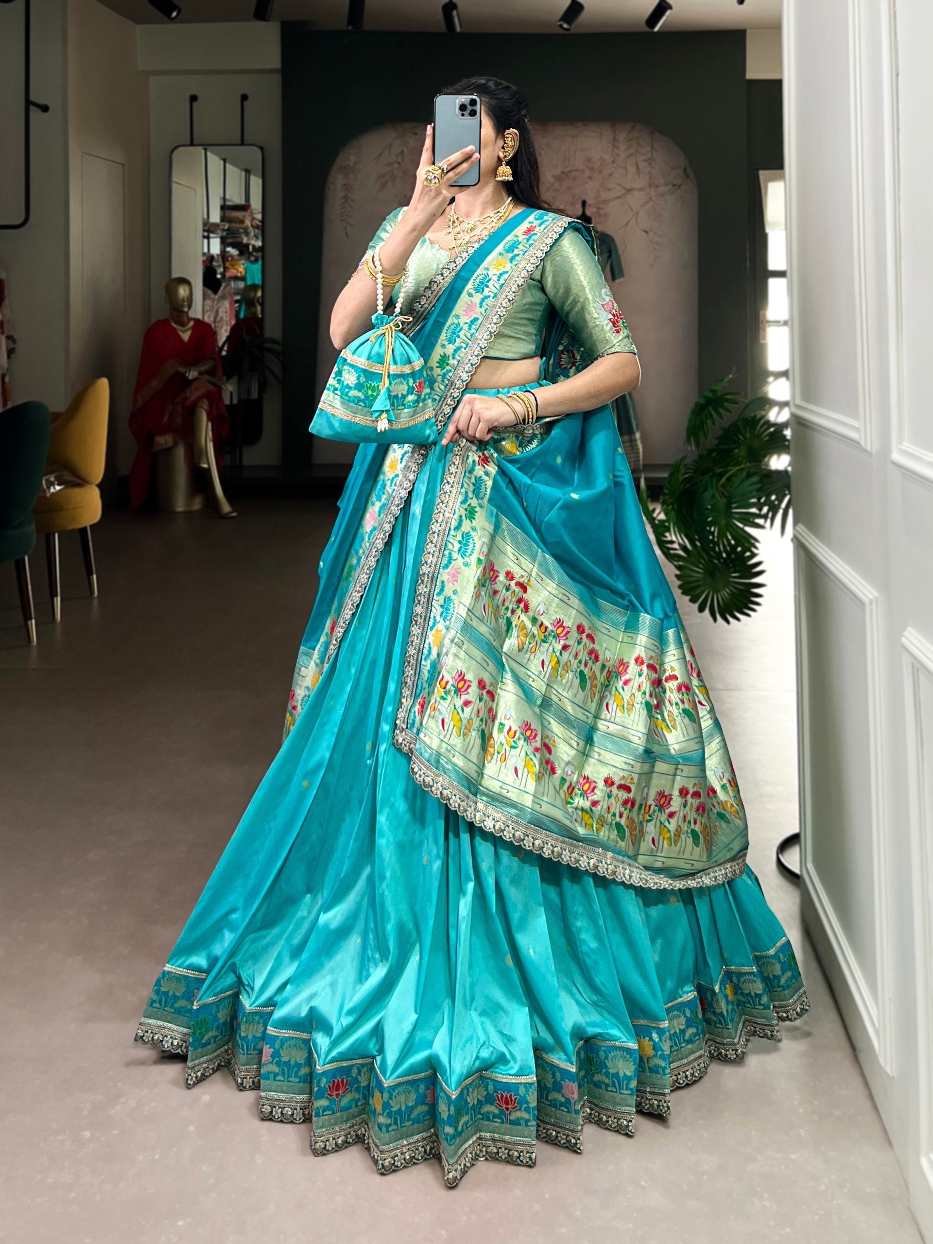 Sky Blue Paithani Lehenga Set with Batwa