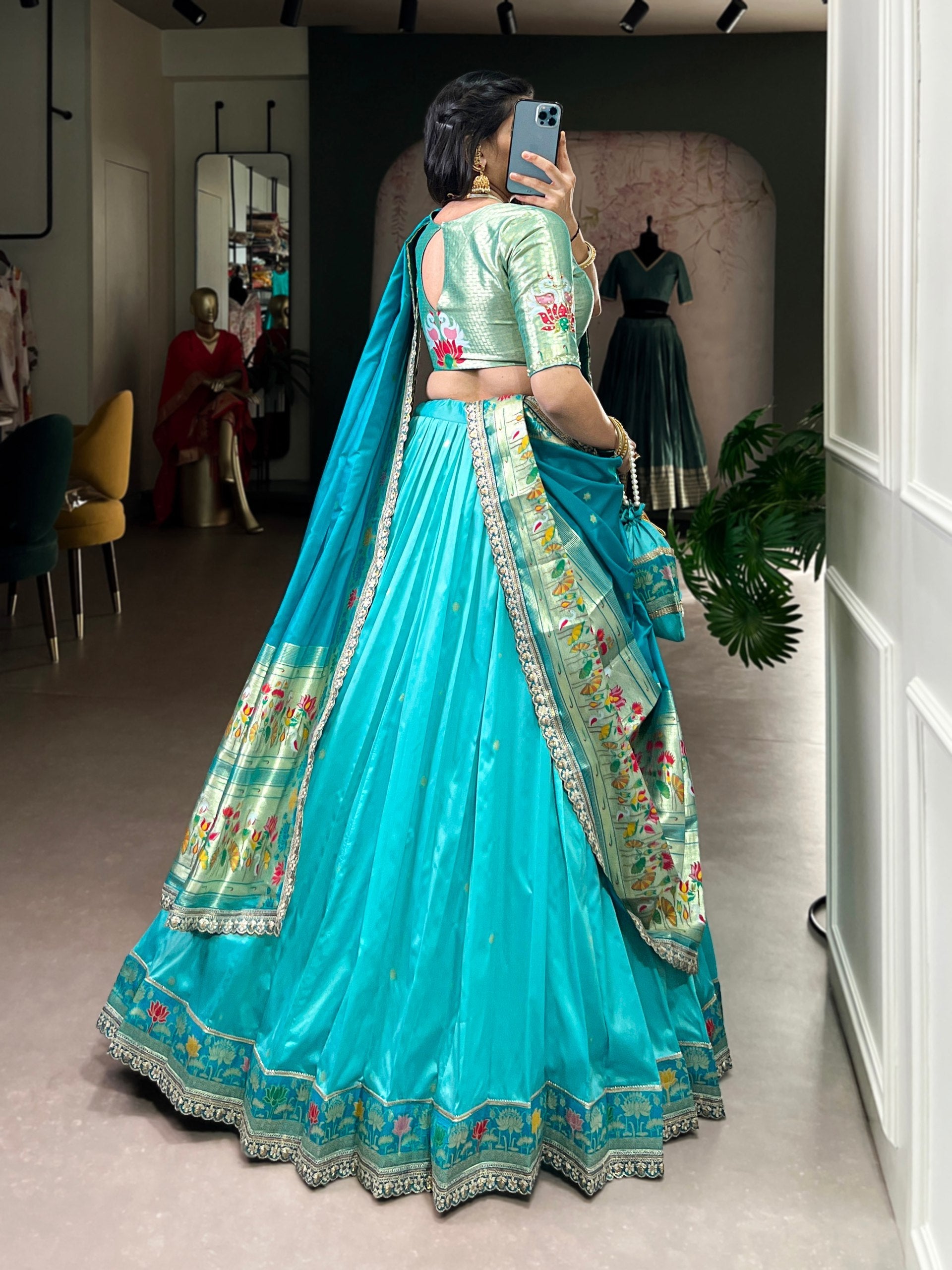 Sky Blue Paithani Lehenga Set with Batwa