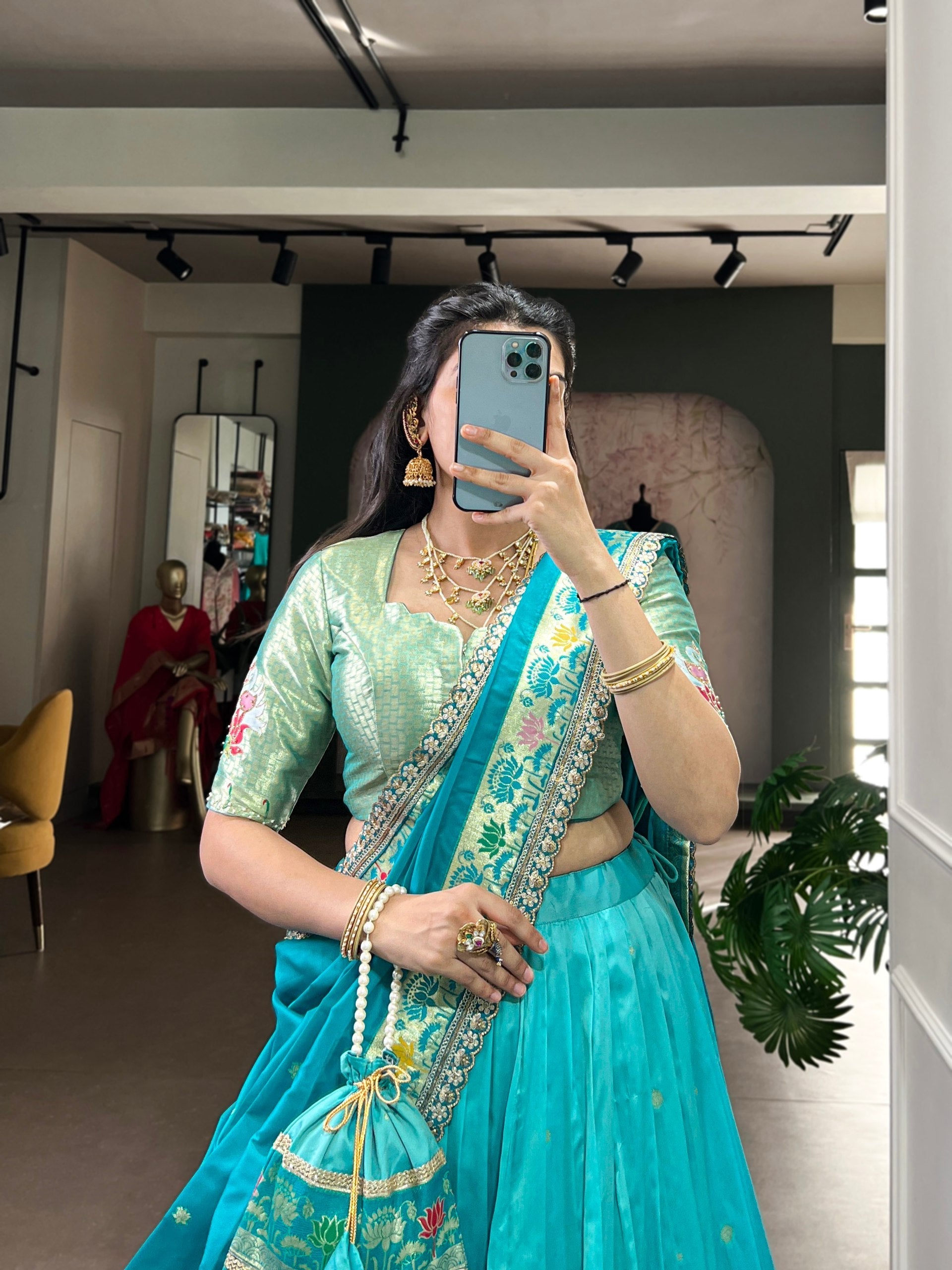 Sky Blue Paithani Lehenga Set with Batwa