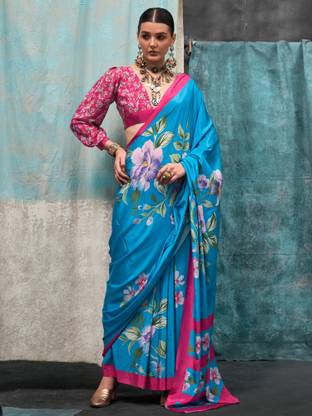 Sky Blue Printed Chanderi Crepe Saree with Unstitched Blouse