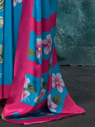 Sky Blue Printed Chanderi Crepe Saree with Unstitched Blouse