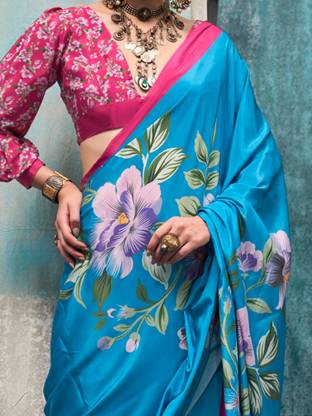 Sky Blue Printed Chanderi Crepe Saree with Unstitched Blouse