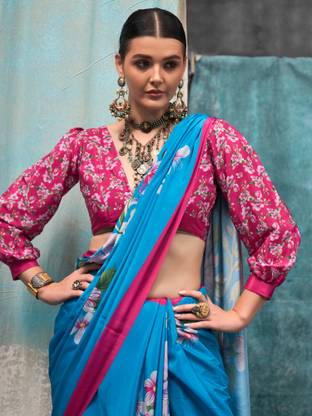 Sky Blue Printed Chanderi Crepe Saree with Unstitched Blouse