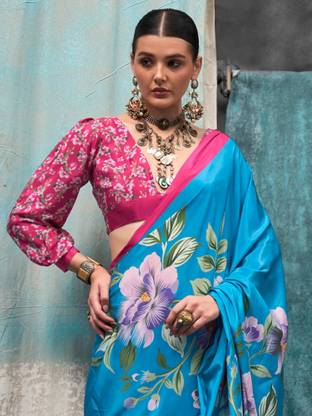Sky Blue Printed Chanderi Crepe Saree with Unstitched Blouse