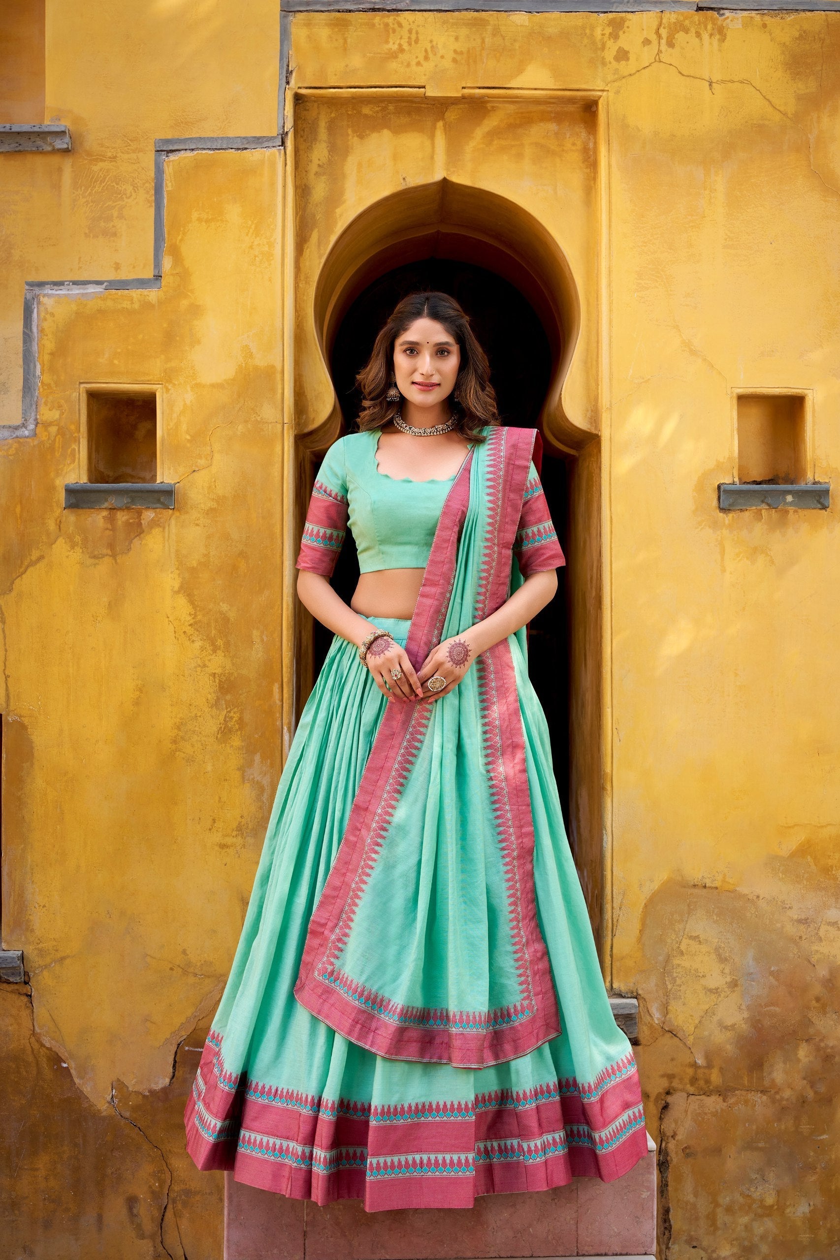 Sky Blue Pure Chanderi Thread Work Lehenga Choli Set with Matching Dupatta – 4 Meter Flair, Stitched Lehenga & Unstitched Blouse