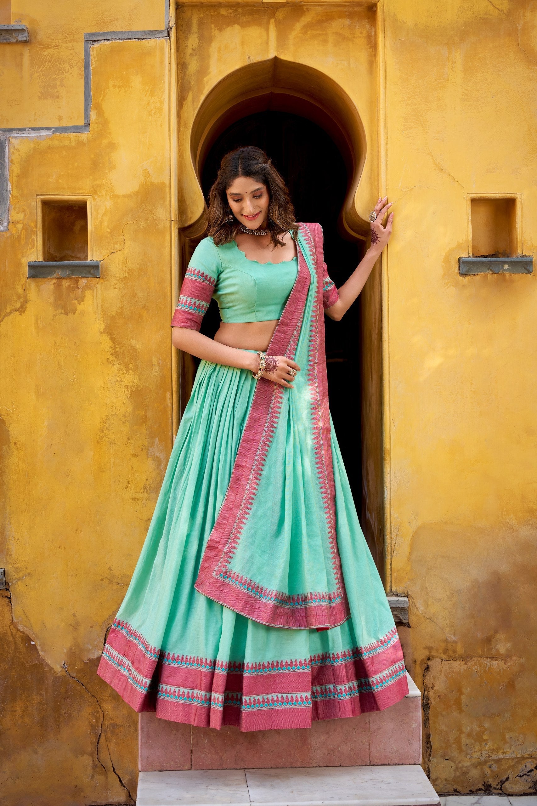 Sky Blue Pure Chanderi Thread Work Lehenga Choli Set with Matching Dupatta – 4 Meter Flair, Stitched Lehenga & Unstitched Blouse