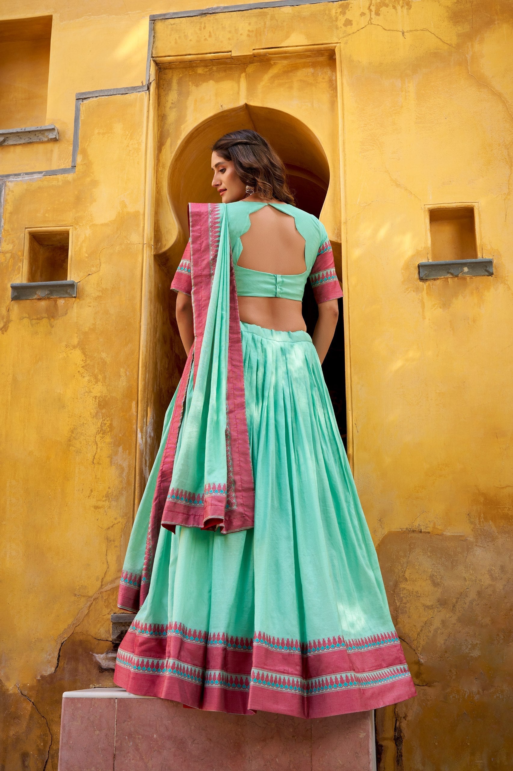 Sky Blue Pure Chanderi Thread Work Lehenga Choli Set with Matching Dupatta – 4 Meter Flair, Stitched Lehenga & Unstitched Blouse
