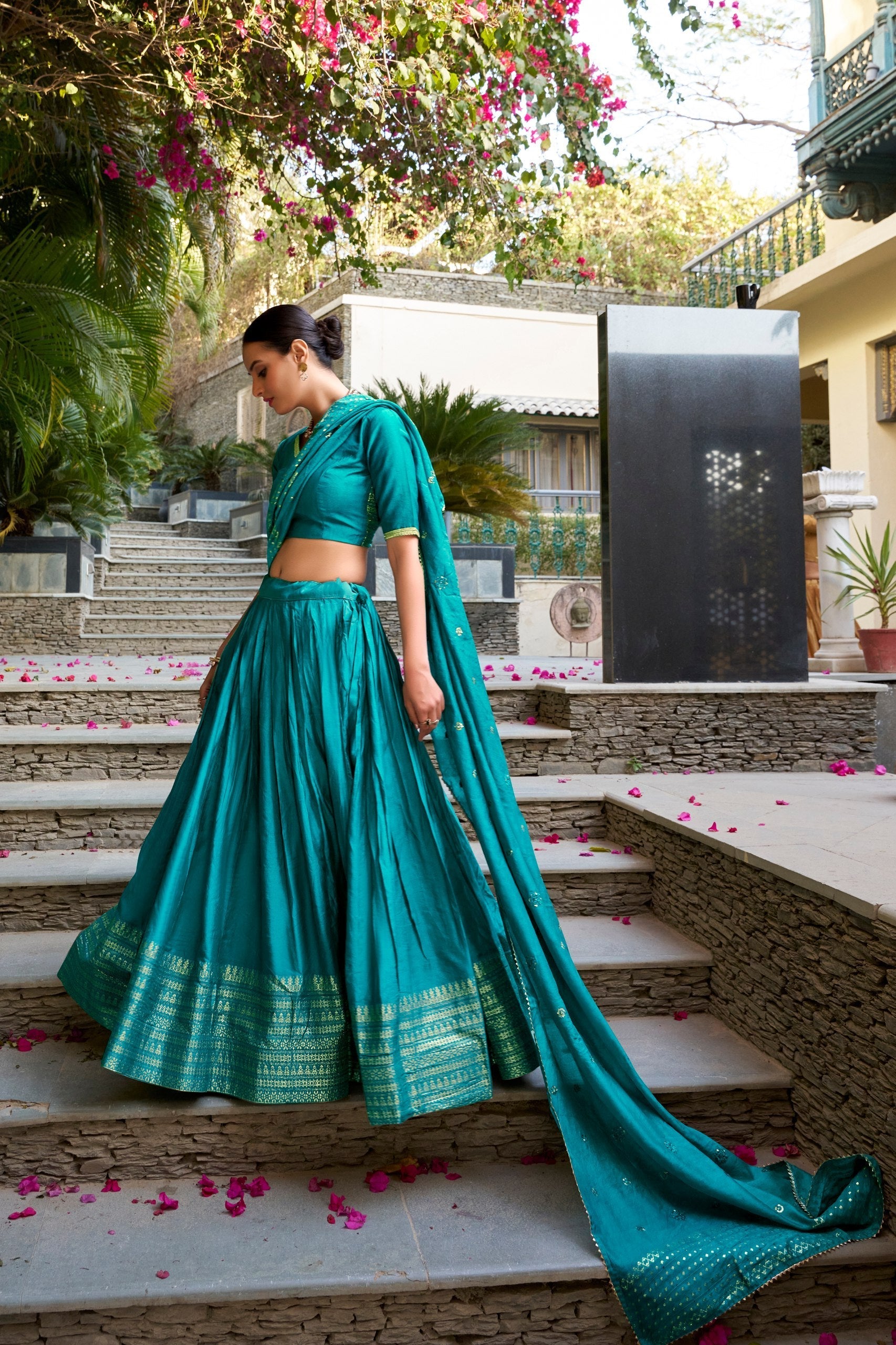 Sky Blue Pure Chanderi Zari Weaving Lehenga Choli Set with 4-Meter Flair & Sequins Embroidered Dupatta