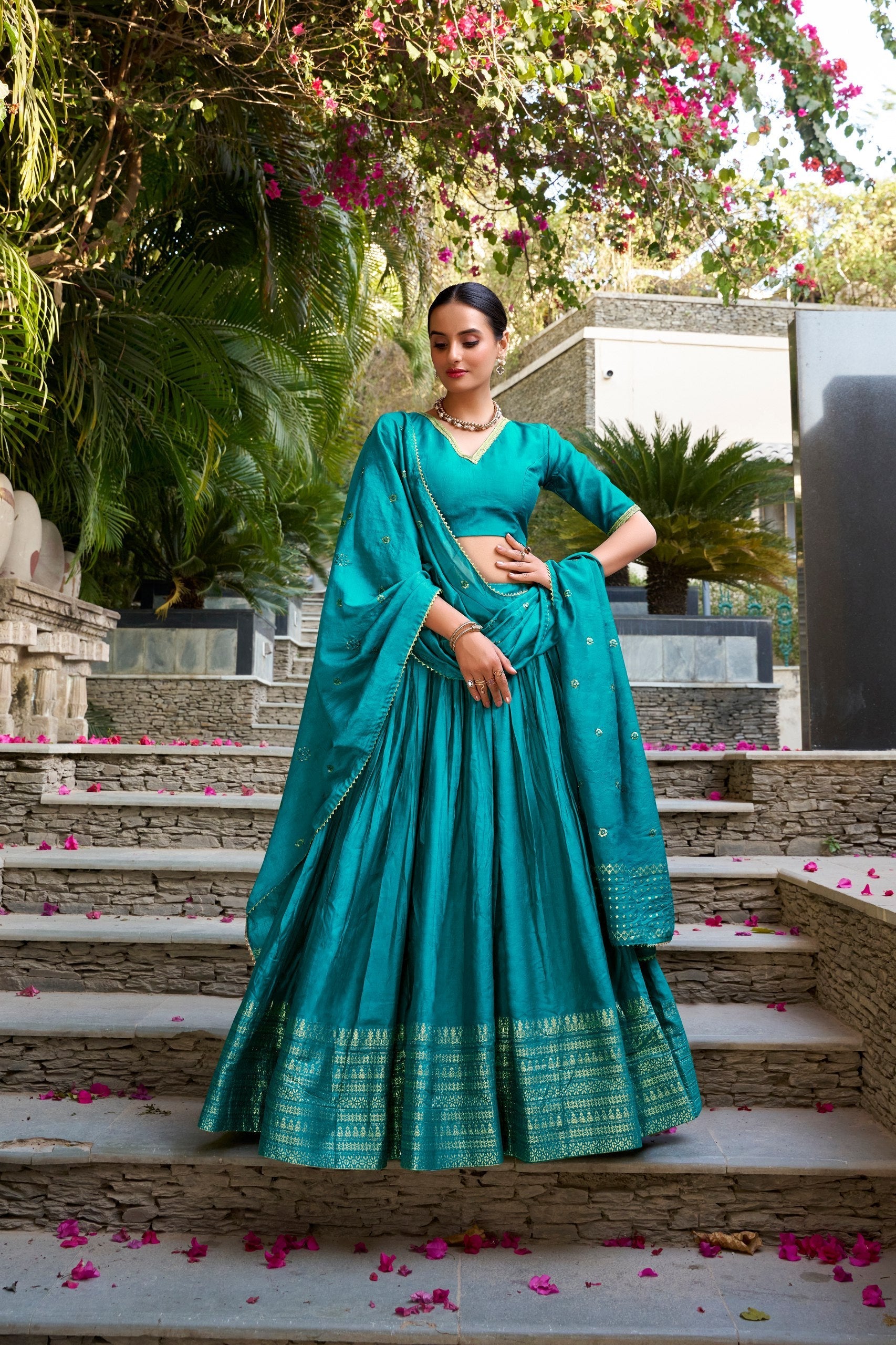 Sky Blue Pure Chanderi Zari Weaving Lehenga Choli Set with 4-Meter Flair & Sequins Embroidered Dupatta