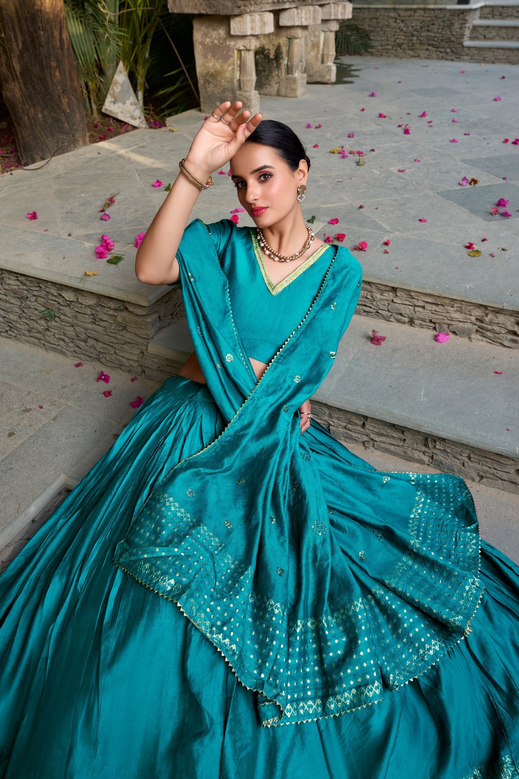 Sky Blue Pure Chanderi Zari Weaving Lehenga Choli Set with 4-Meter Flair & Sequins Embroidered Dupatta