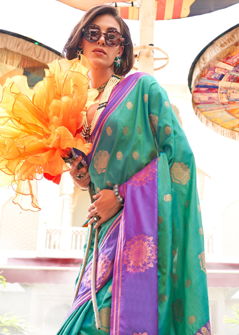 Sky Blue Regal Banarasi Silk Saree – Vintage Elegance with Intricate Detailing