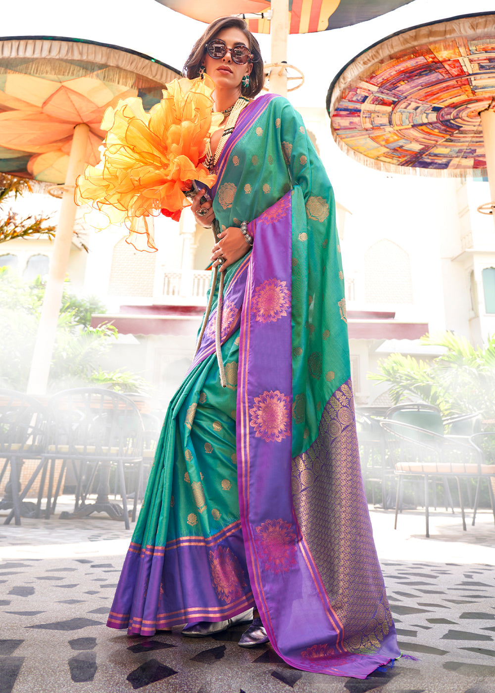 Sky Blue Regal Banarasi Silk Saree – Vintage Elegance with Intricate Detailing